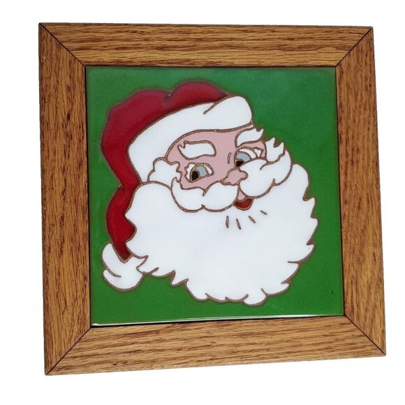 Christmas Santa Claus Trivet Tile Wall Hanging Wood Framed Green Red Hand Paint - Picture 1 of 3